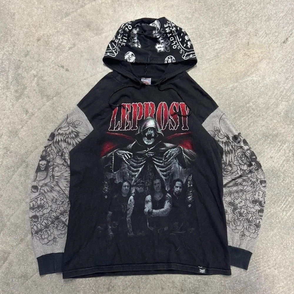 Leprosy Death Metal Band Hoodie Mens Large Tattoo Sleeve Graphic Y2K Black